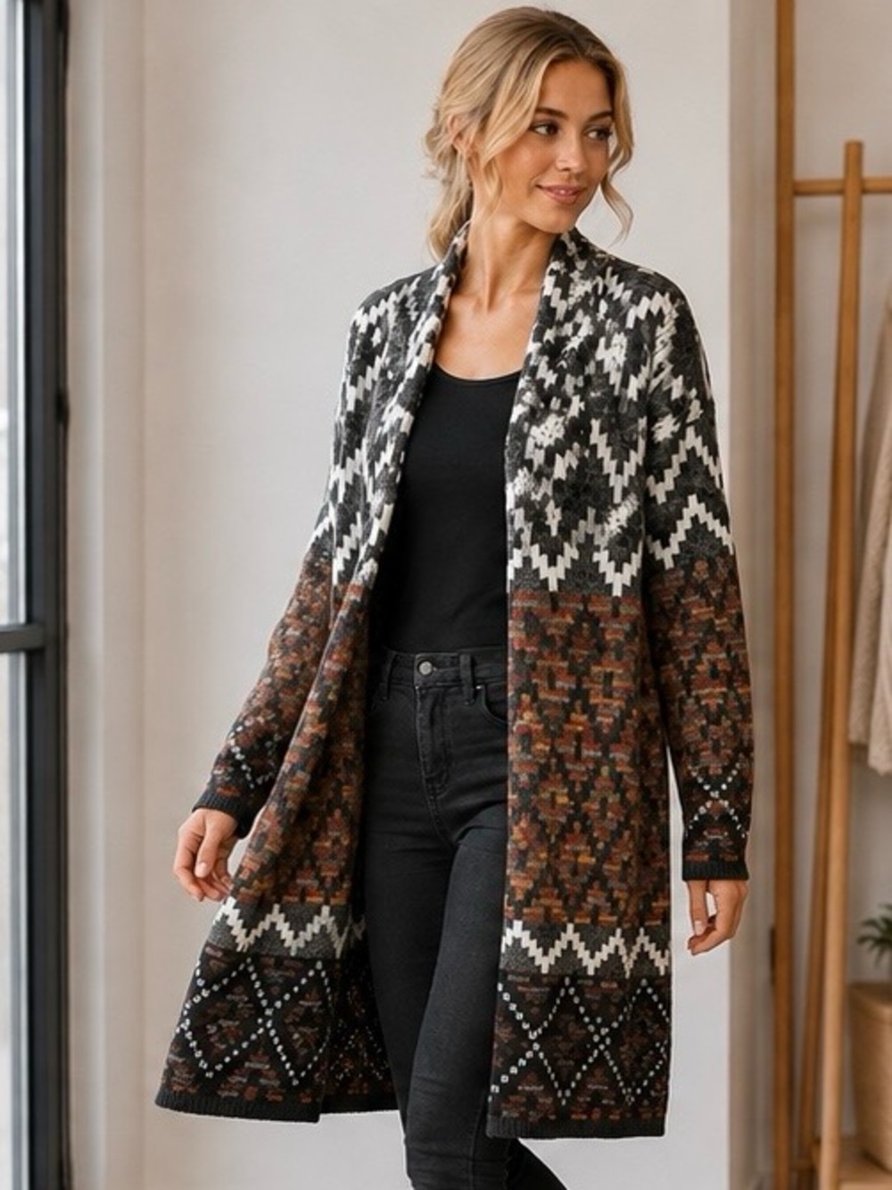Debut Open Front Cardigan Southwestern-inspired Geometric Print M
